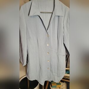 Fridaze 100% Linen Blue Button Up Top 3/4 Sleeve V Neck Asymmetrical Oversized